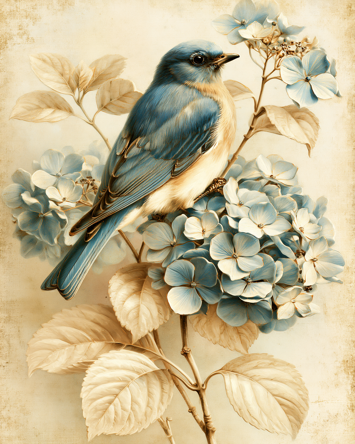 A vintage-style botanical illustration of a blue bird perched on a branch with pale blue hydrangea flowers and cream-colored leaves on a warm beige background.