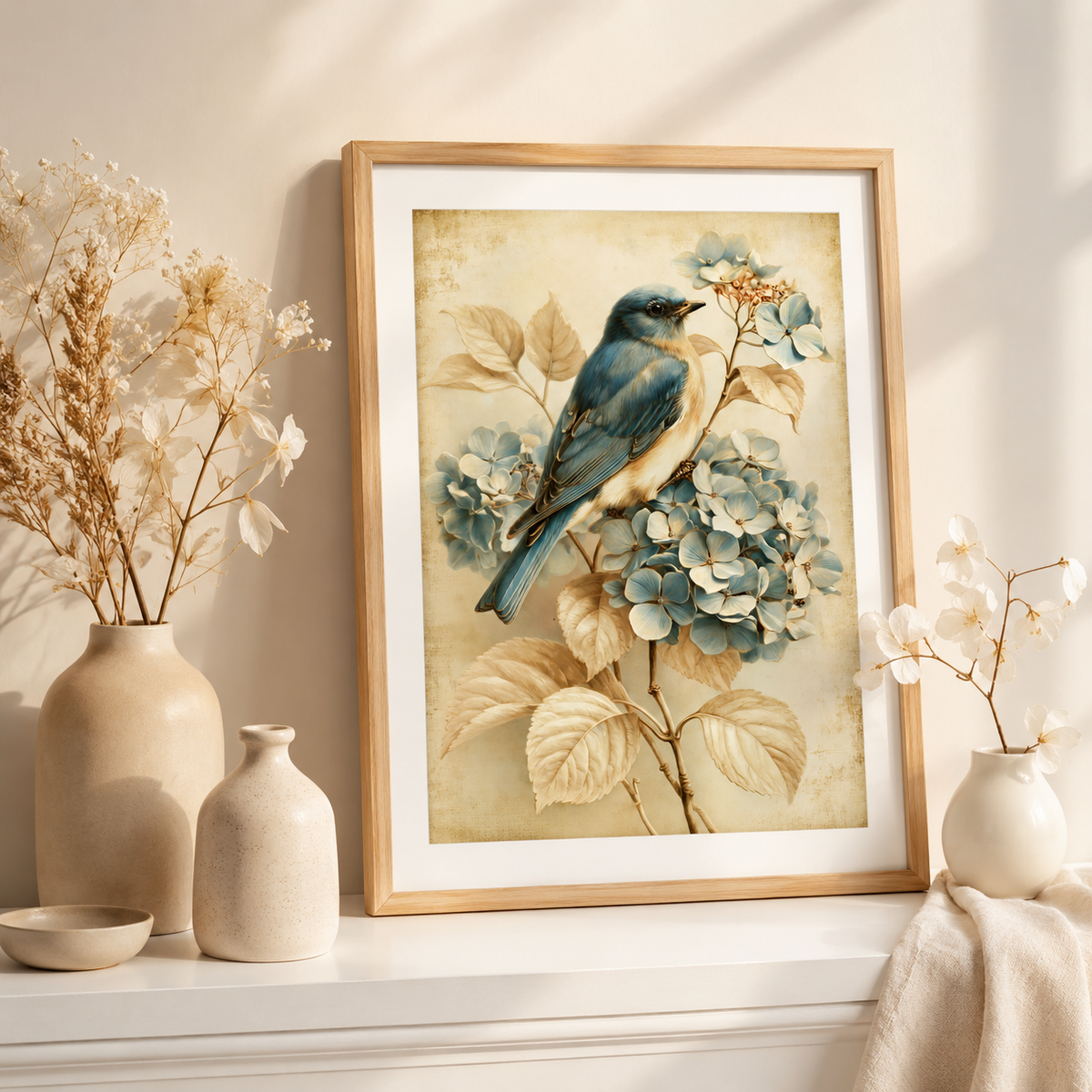 A framed vintage-style art print featuring a blue bird perched on blue hydrangea flowers, displayed on a white mantel with beige ceramic vases and dried floral arrangements in a softly lit interior.